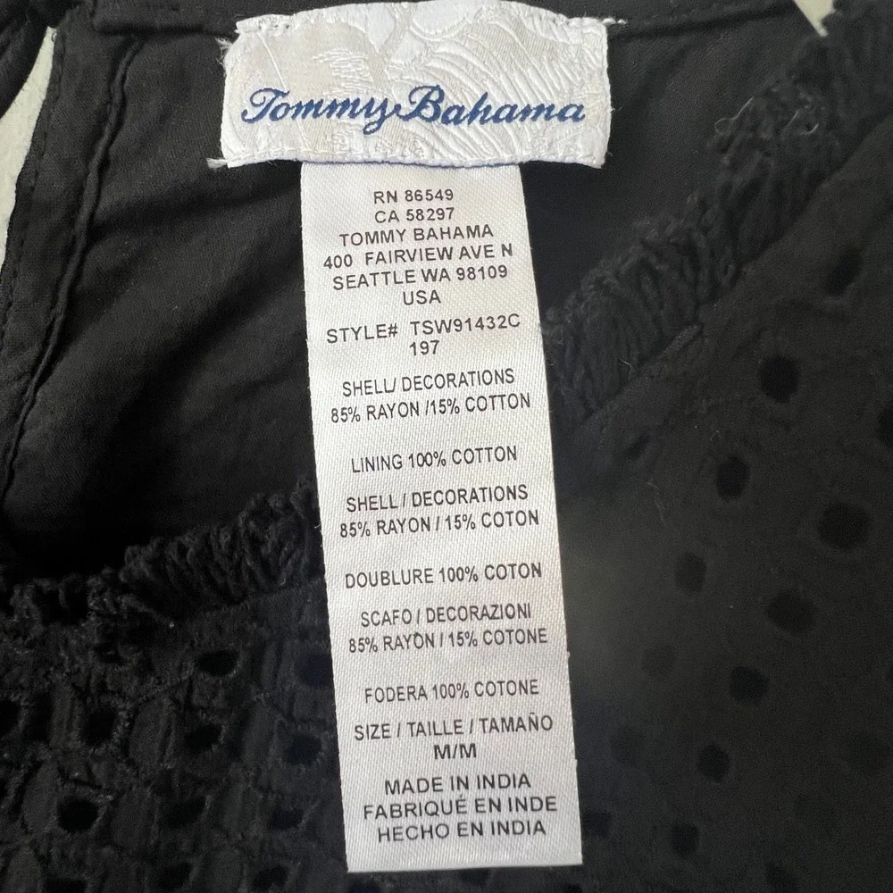 Tommy Bahama Womens Eyelet Crochet Black Fringe Dress M Black Boho Coastal Beach - Picture 8 of 9